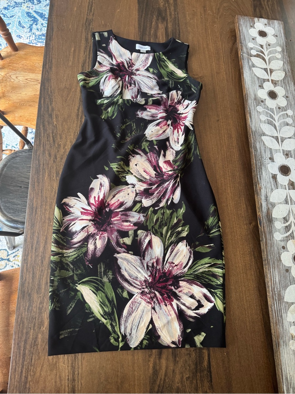 Calvin Klein Black Sheath Dress with White and Pink Floral Print
